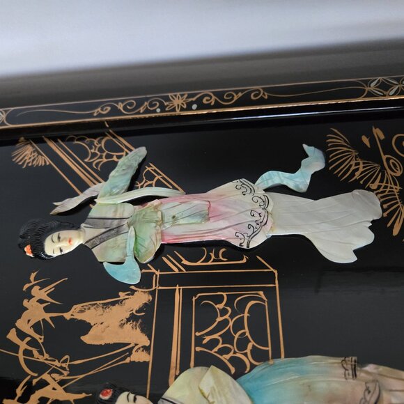 Vintage Asian Wall Art Panel Set – Lacquer & Mother of Pearl Geisha Decor - Picture 5 of 16